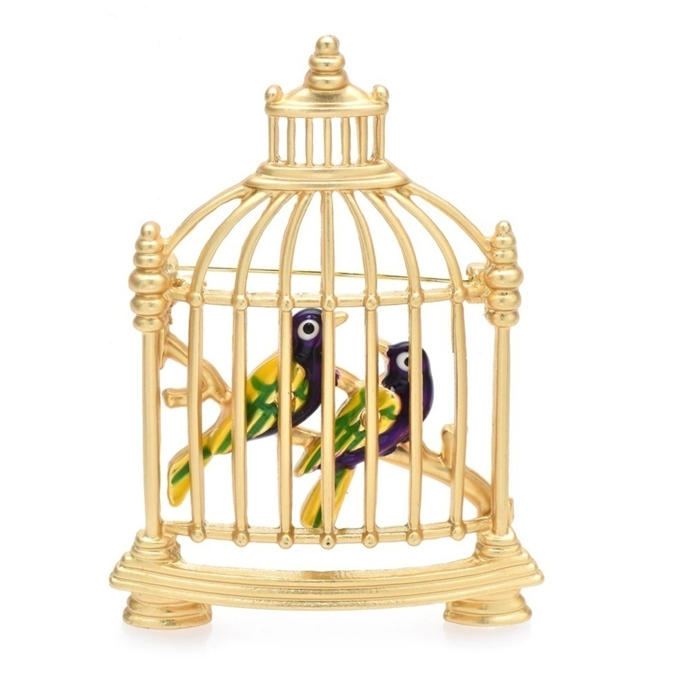 Goldtone Birds in a Cage Brooch: Whimsical Elegance Encased in Gold